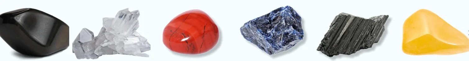 Obsidian, quartz, jasper, sodalite, tourmaline crystals